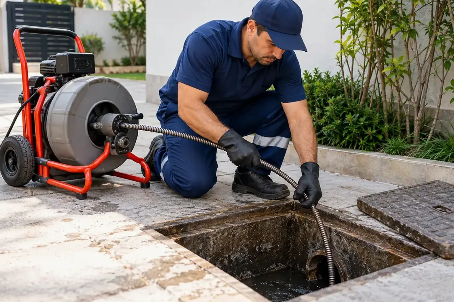 Equipe realizando desentupimento de esgoto em Araguari com equipamentos adequados.