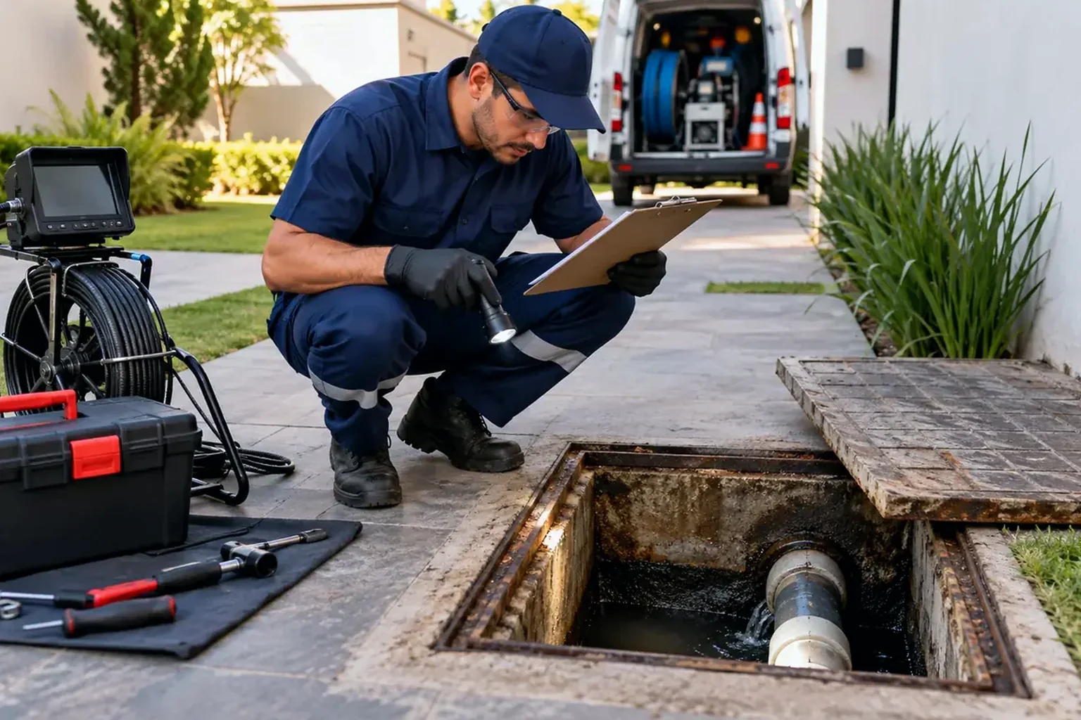 Equipe realizando manutenção preventiva em rede de esgoto em Araguari.