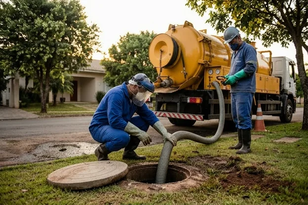 Grupo de técnicos realizando limpeza de fossa séptica em Araguari com cuidado e precisão.