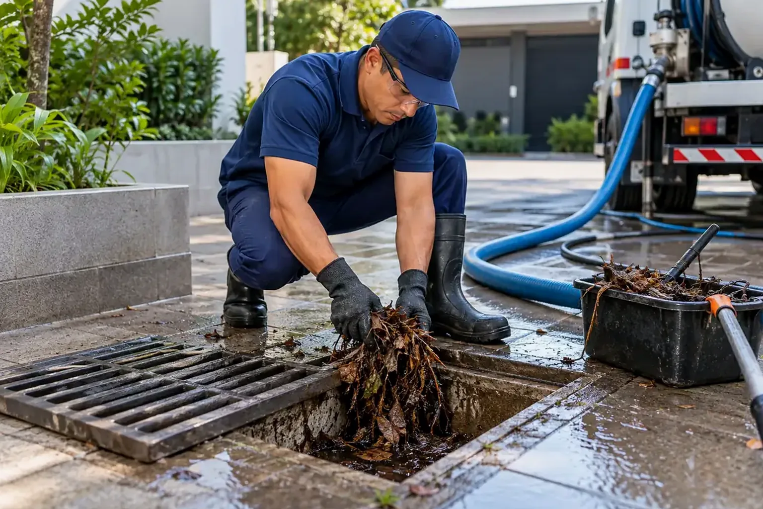 Profissionais desentupindo rede pluvial em Araguari com técnicas adequadas.