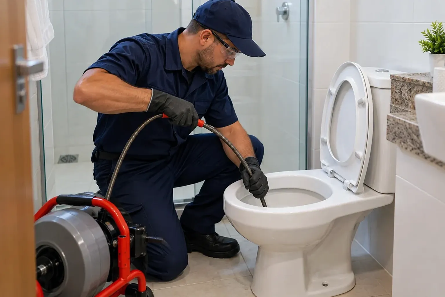 Técnico realizando desentupimento de vaso sanitário em Araguari com ferramentas especializadas.
