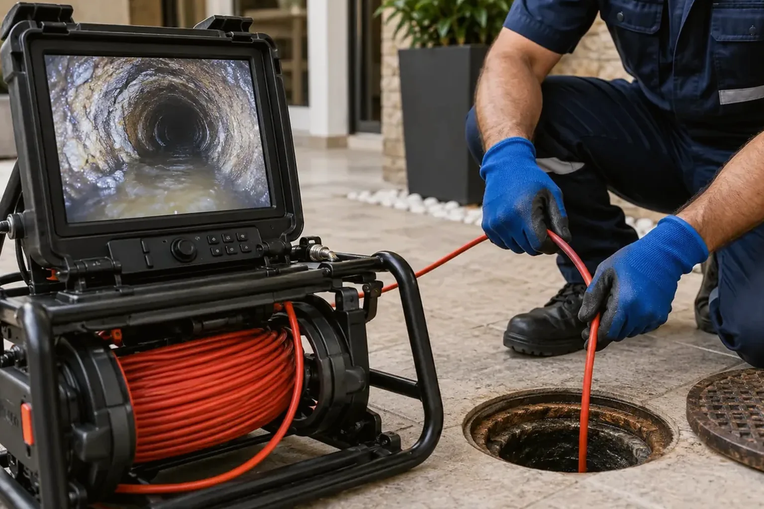 Técnico utilizando câmera para inspeção de tubulações em Araguari, analisando imagens em tela.
