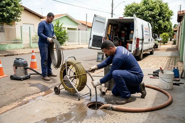Técnicos realizando atendimento de desentupimento emergencial em Araguari.